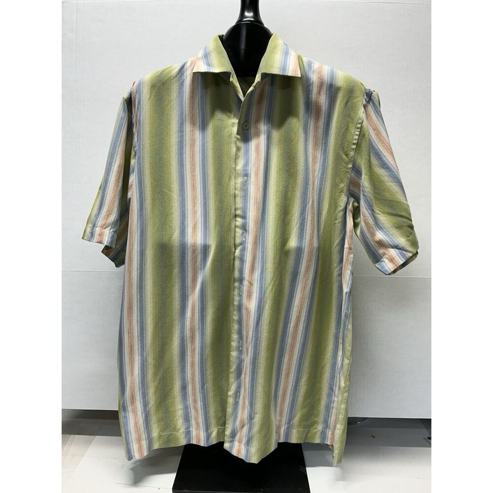 Tommy Bahama 100% Tencel Hawaiian Shirt Mens Medium Vertical Stripes Green Multi
